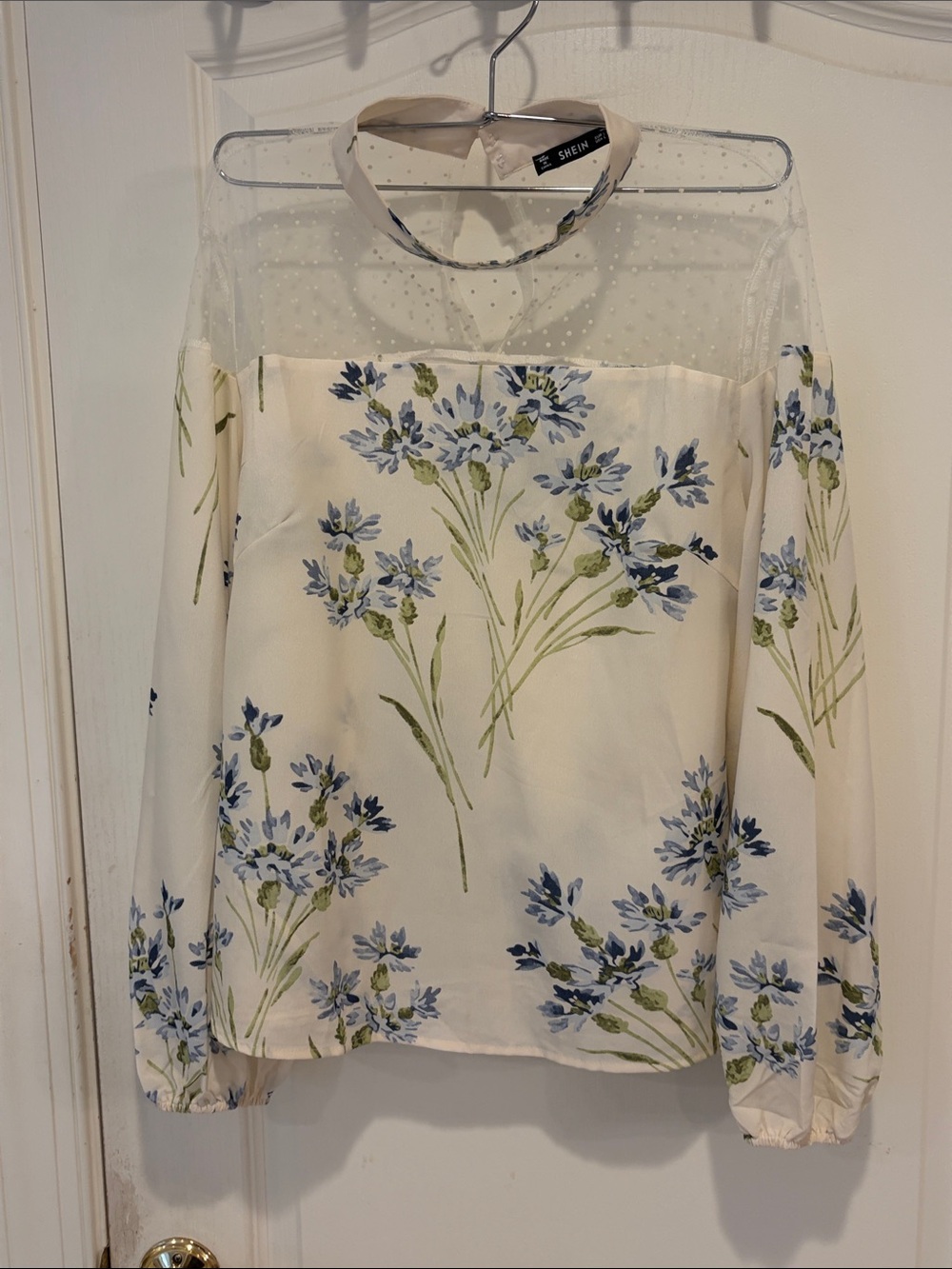 SHEIN Cream Floral Blouse with Blue & Green Print